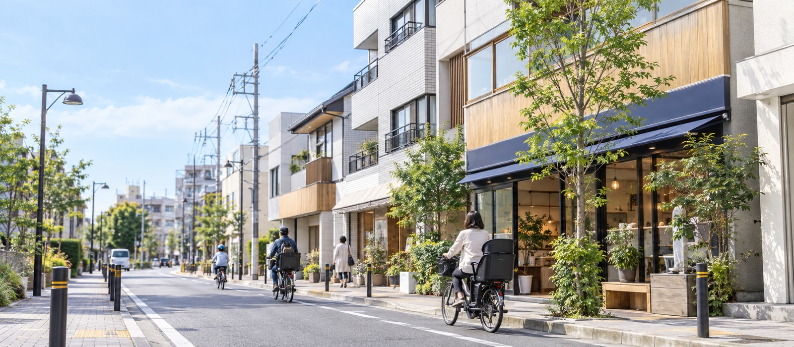子ども乗せ自転車が行き交う、店舗が並ぶ通り（イメージ）